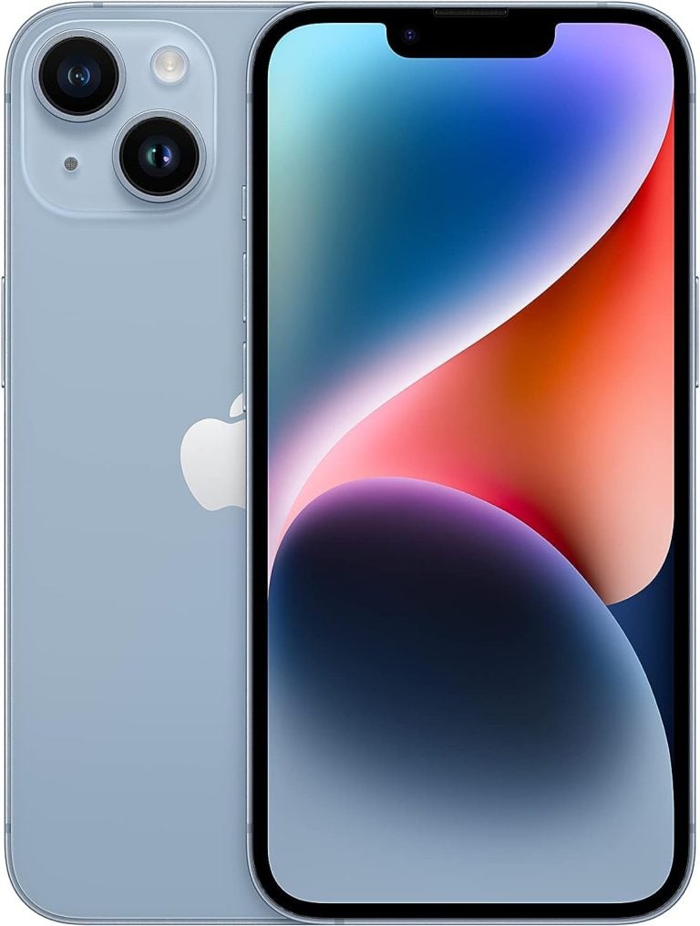 Apple iPhone 14 azul com 512GB mostrando frente e traseira com câmeras duplas.
