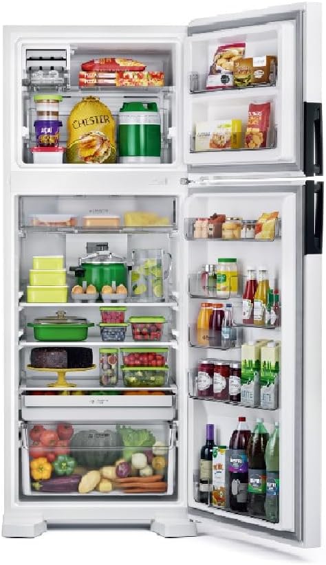Refrigerador Consul Frost Free 451 Litros CRM56FB aberto mostrando alimentos e organização interna