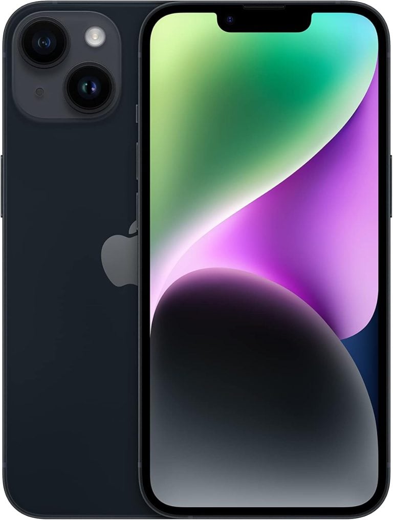 Apple iPhone 14 meia-noite frente e verso em fundo branco