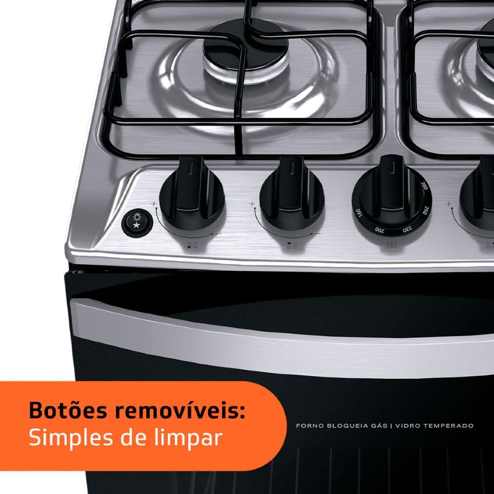 Painel do fogão Brastemp 4 bocas com botões removíveis para limpeza