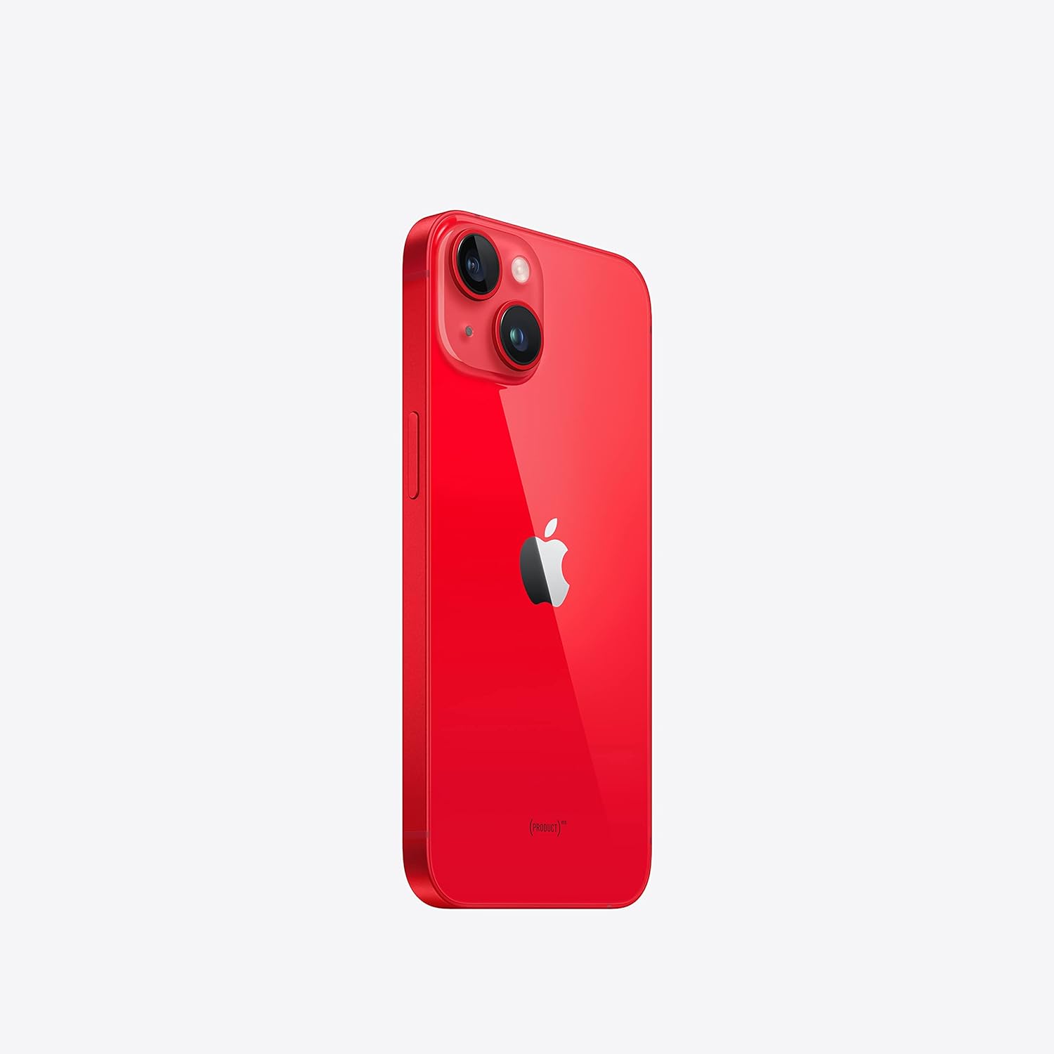 Apple iPhone 14 na cor (PRODUCT) RED vista lateral com câmeras duplas.