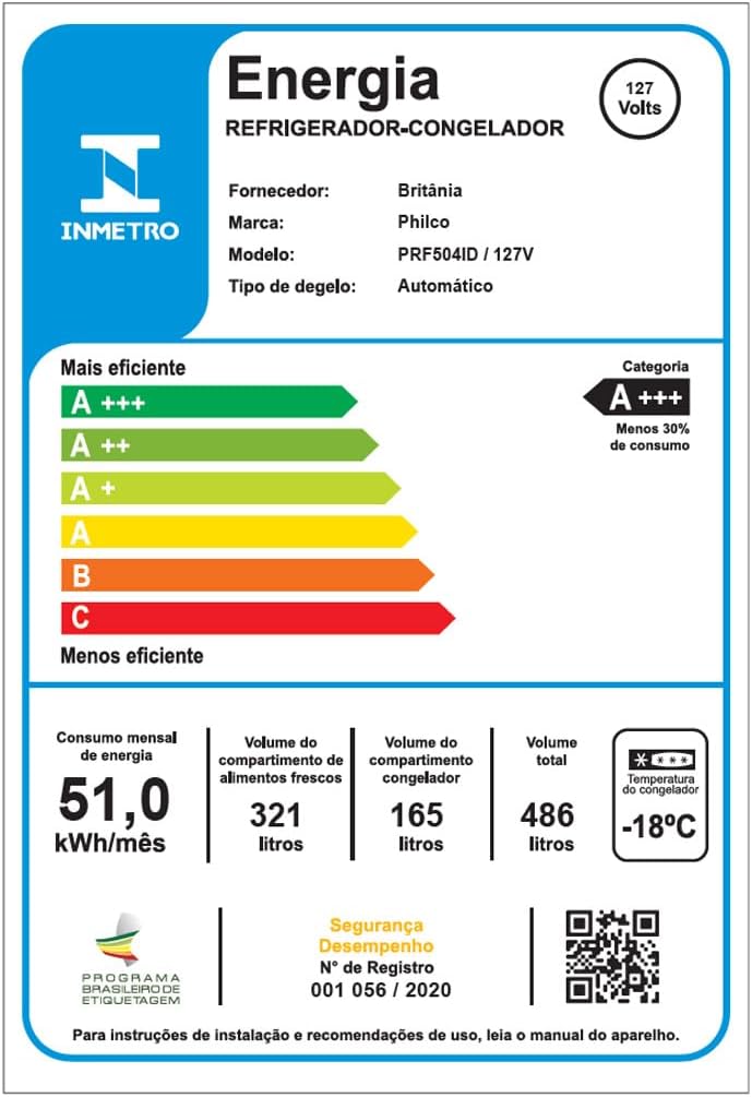 Etiqueta INMETRO do refrigerador Philco PRF504ID com eficiência energética A+++ e especificações técnicas