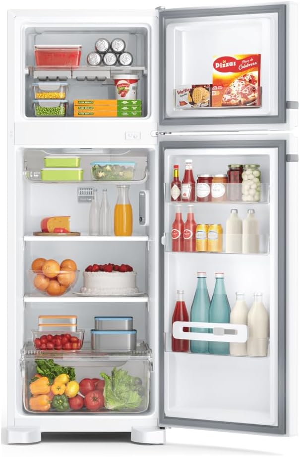 Geladeira Consul Frost Free Duplex 340 litros com portas abertas e interior cheio de alimentos variados