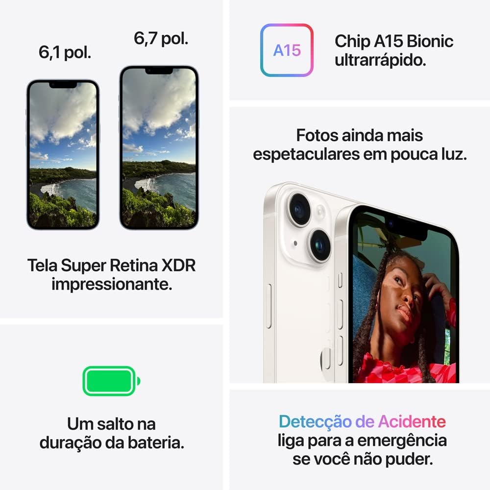 Detalhes técnicos do Apple iPhone 14 com imagens da tela e textos em português explicando recursos.