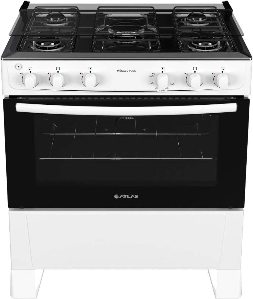 Fogão 5 bocas Atlas Mônaco Plus branco com mesa inox e acendimento automático frontal