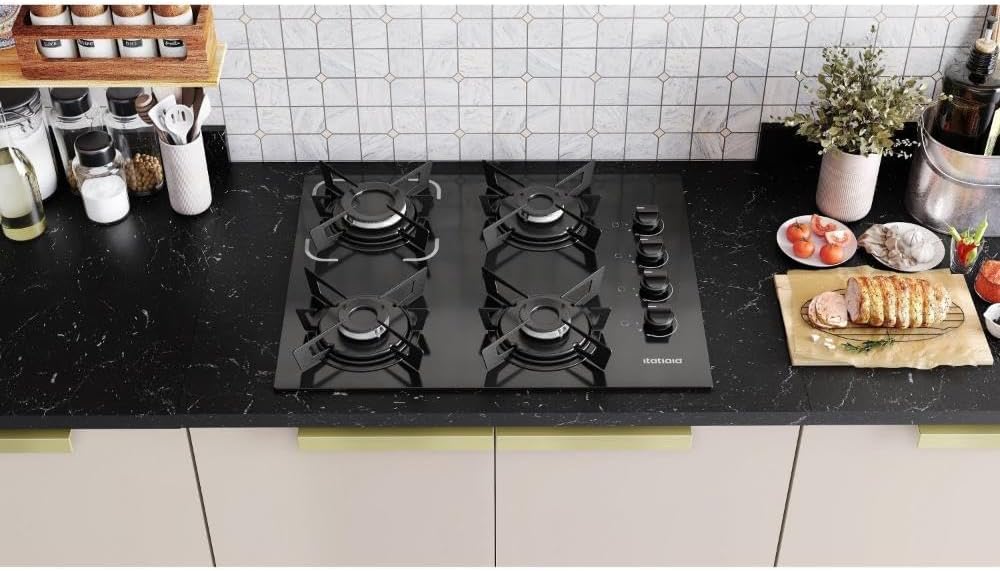 Cooktop embutido Itatiaia Electra Glass 4 bocas cozinha moderna bancada preta