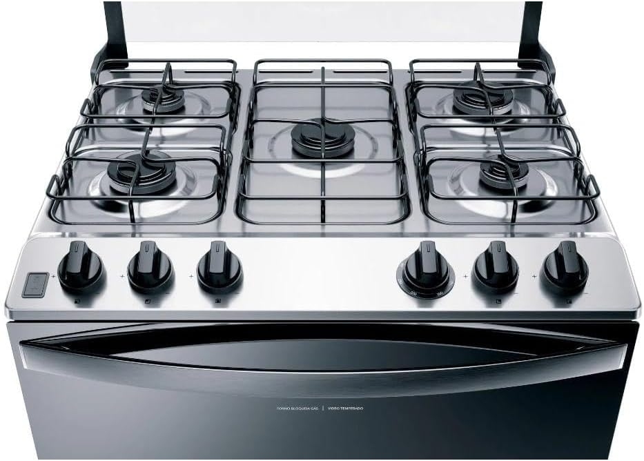 Tampo do fogão Brastemp inox 5 bocas com botões pretos e aro protetor aberto