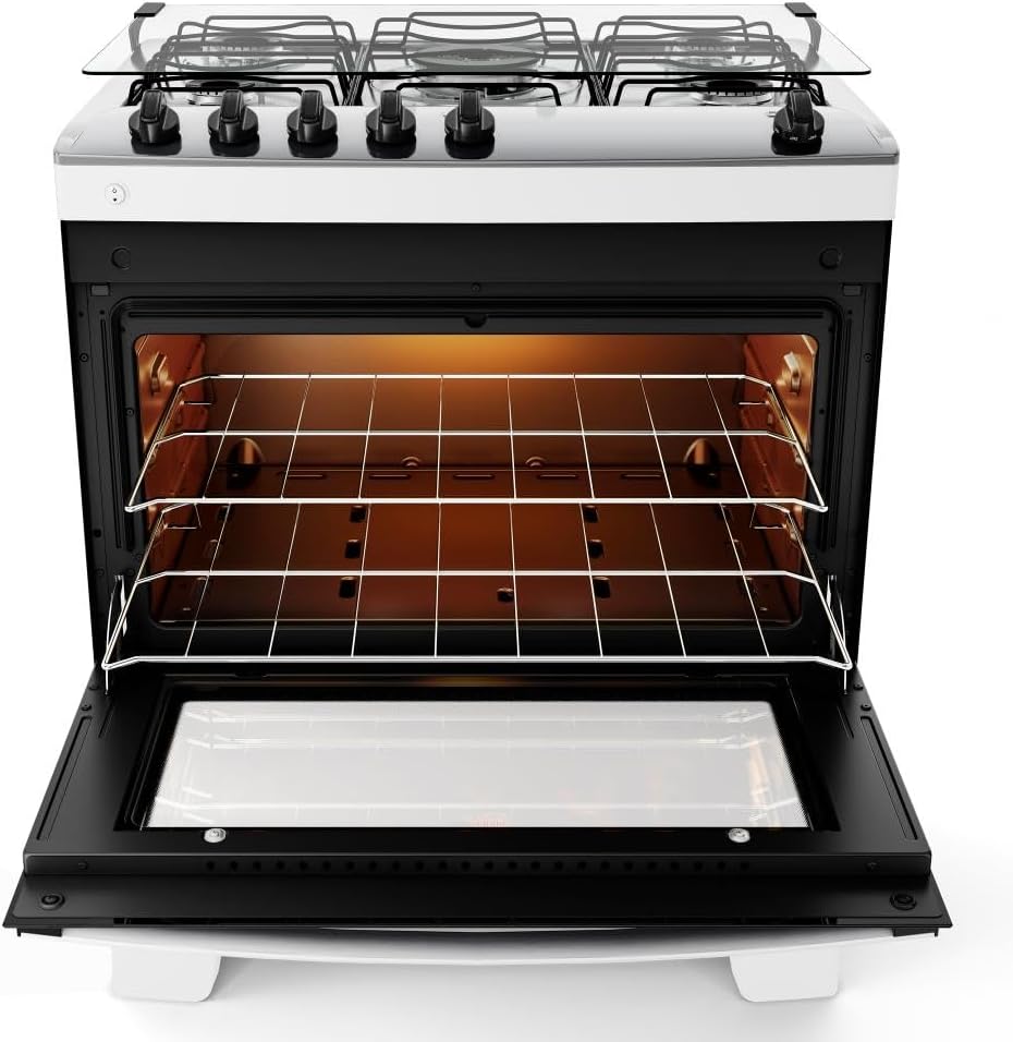 Fogão 5 bocas branco com forno aberto Atlas Agile Up mostrando interior