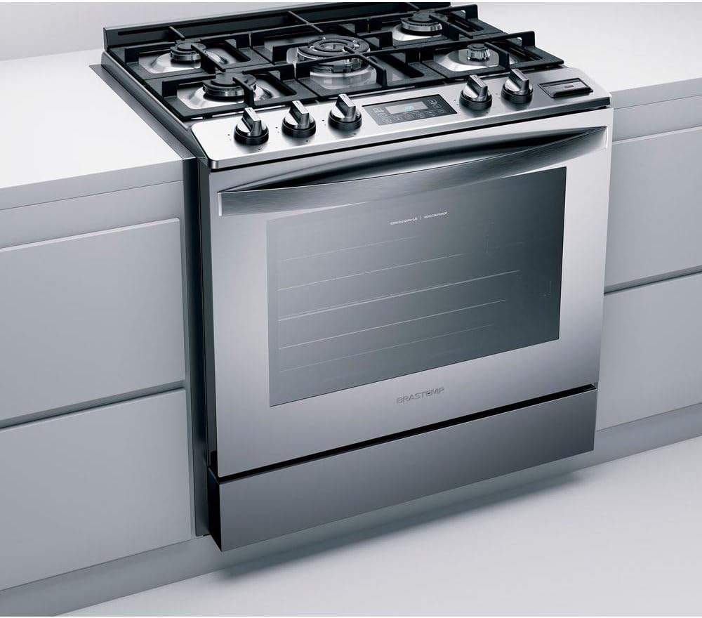 Fogão Brastemp inox 5 bocas embutido com forno elétrico vista lateral