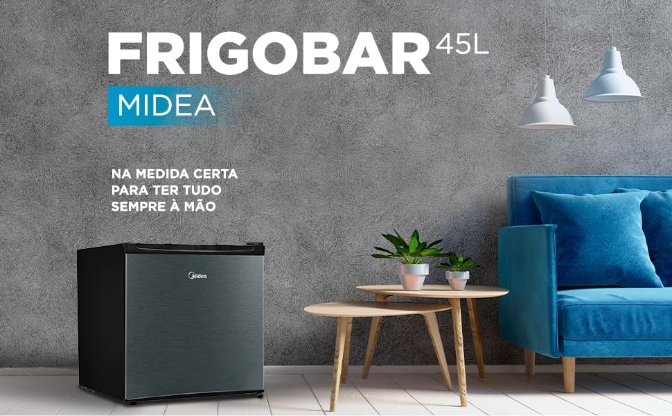 Frigobar Midea 45L inox em ambiente moderno com decoração cinza e azul