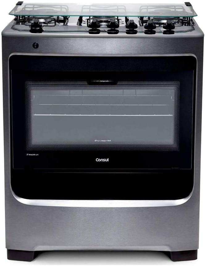 Fogão Consul inox 5 bocas com botões removíveis vista frontal