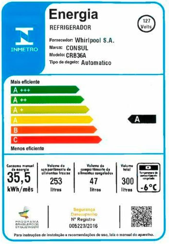 Etiqueta INMETRO eficiência energética classe A para refrigerador Consul CRB36A 127V consumo 35,5 kWh