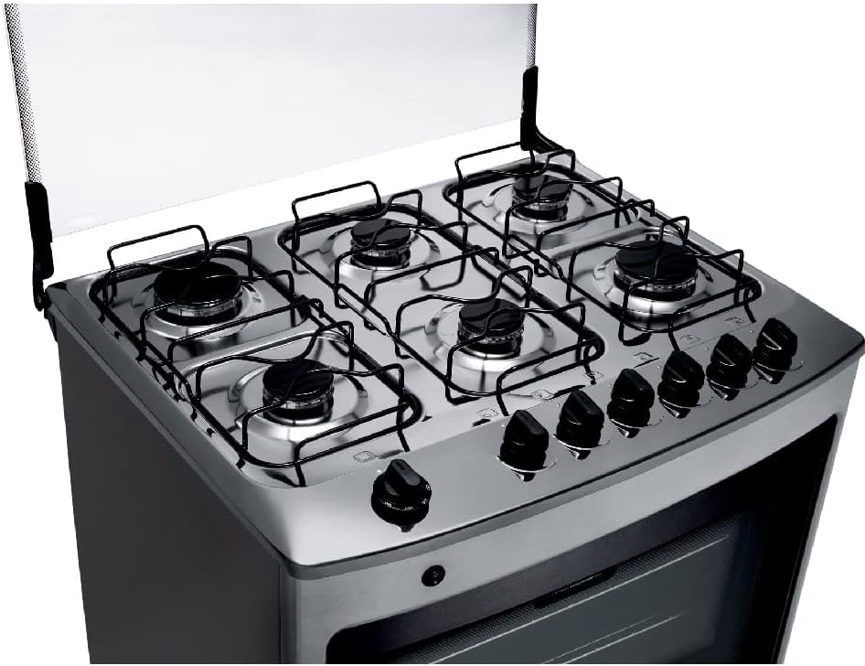 Fogão Consul inox 6 bocas vista superior com tampa de vidro aberta