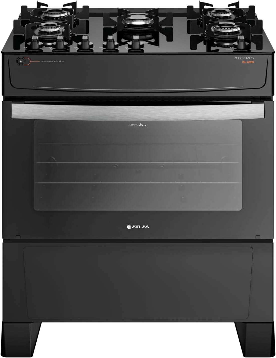 Fogão Atlas preto 5 bocas Atenas Glass vista frontal com forno e acendimento automático