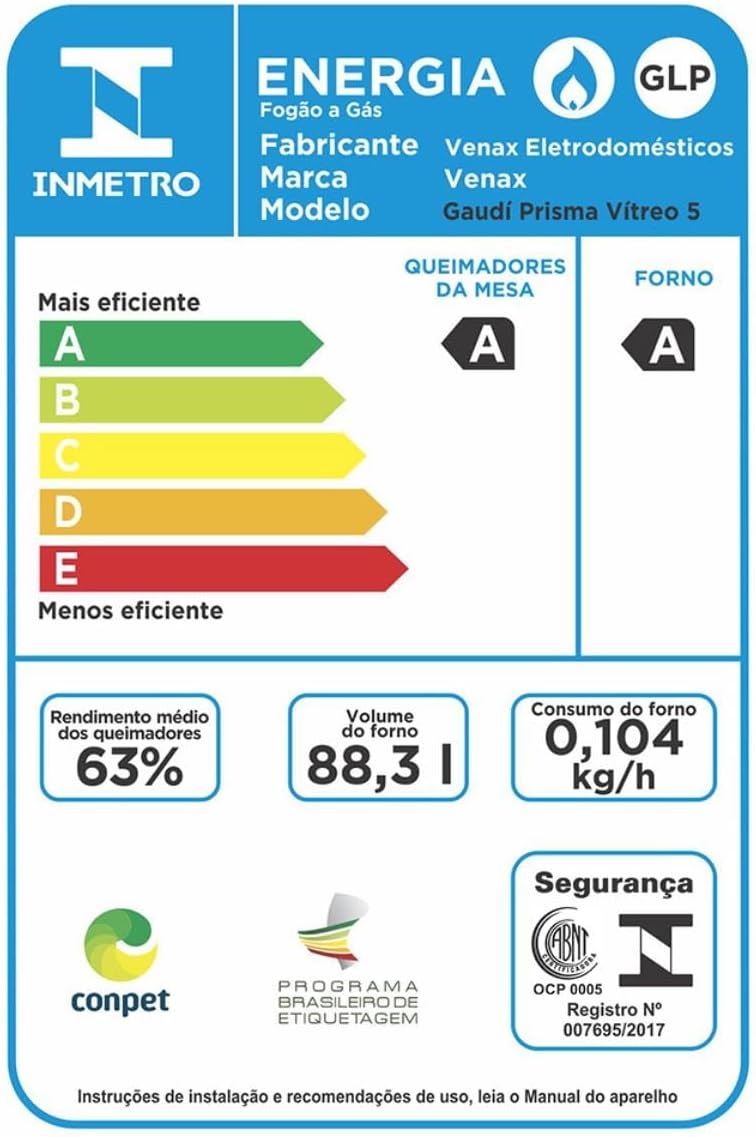 Etiqueta de eficiência energética Inmetro fogão Gaudi Prisma Vitreo 5 com classificação A