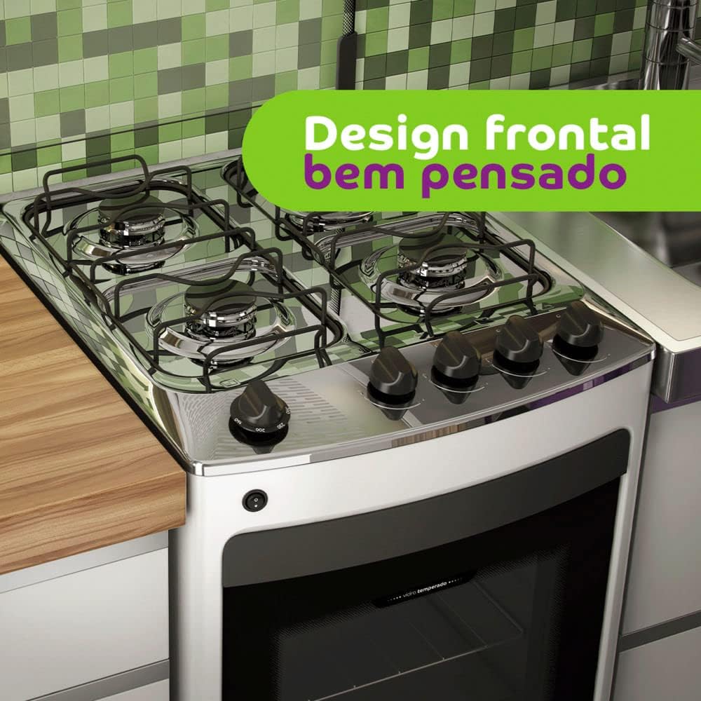 Fogão Consul 4 bocas branco com design frontal e mesa inox em cozinha com azulejos verdes