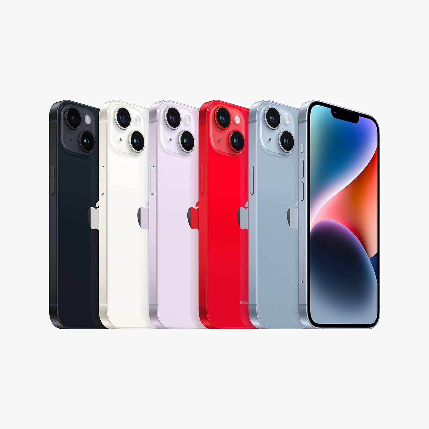 Variedade de cores do iPhone 14 exibindo frente e verso em várias opções coloridas.