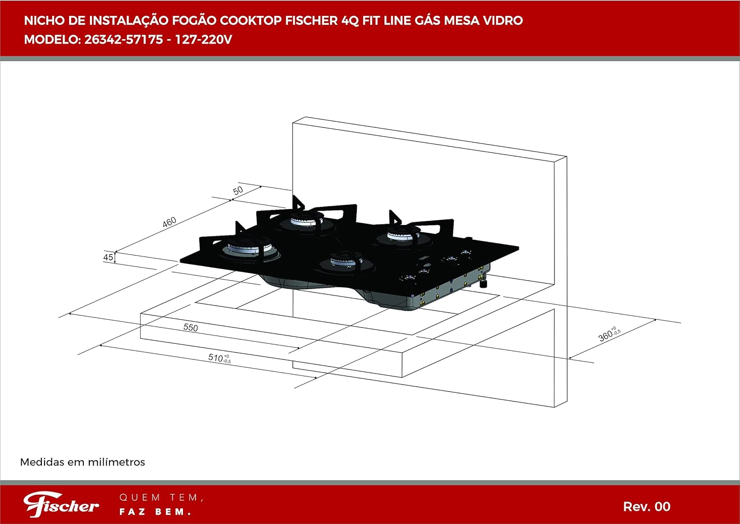 Desenho técnico do nicho de instalação cooktop Fischer 4 bocas.