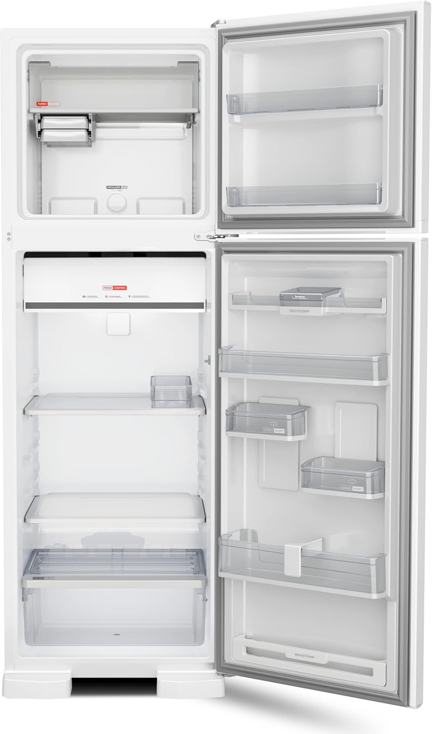 Geladeira Brastemp frost free duplex 400 litros branca aberta mostrando interior