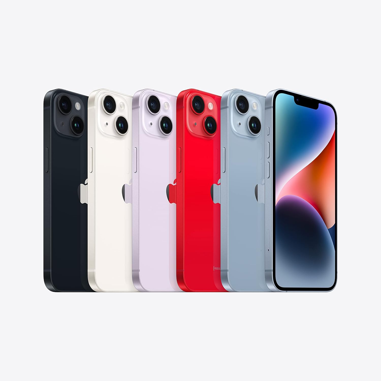 Coleção de iPhone 14 cores diversas alinhados