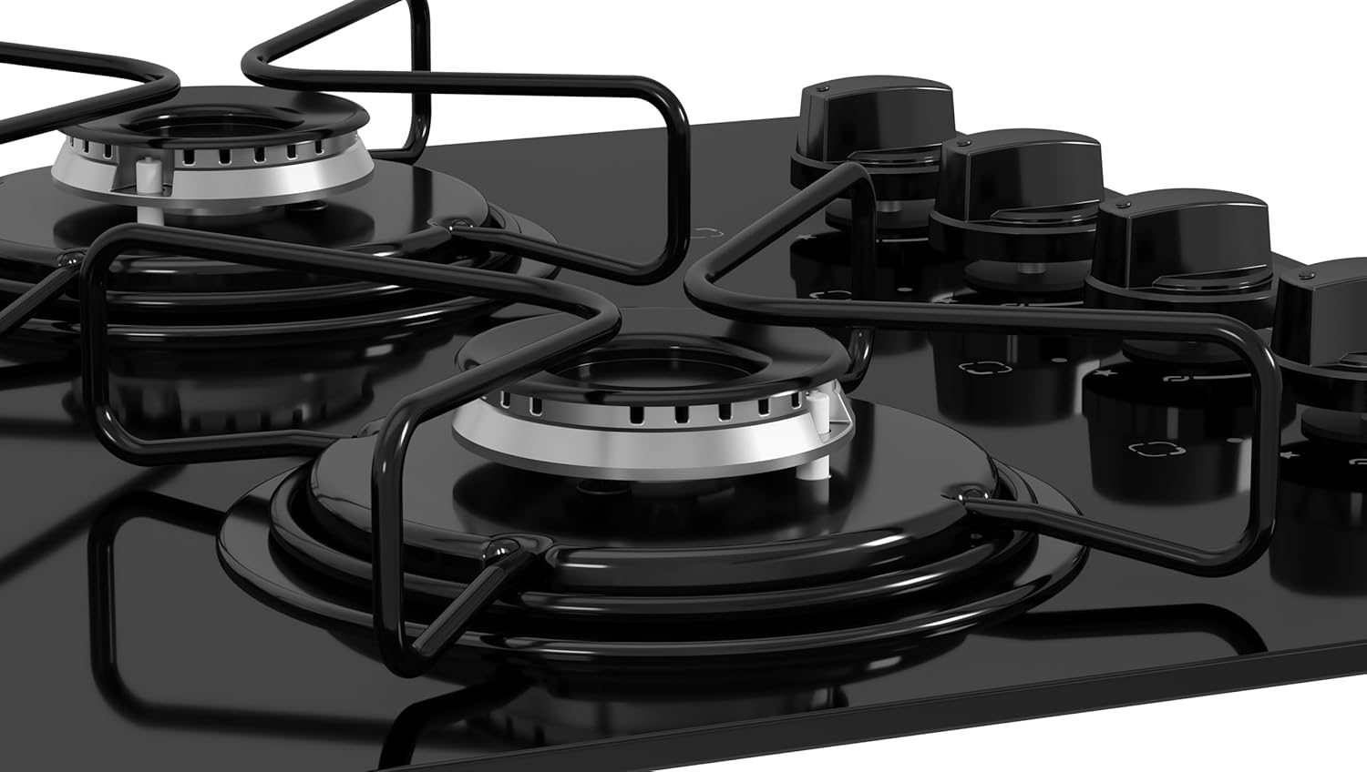 Detalhe bocas e botões cooktop vidro temperado preto 4 bocas Itatiaia
