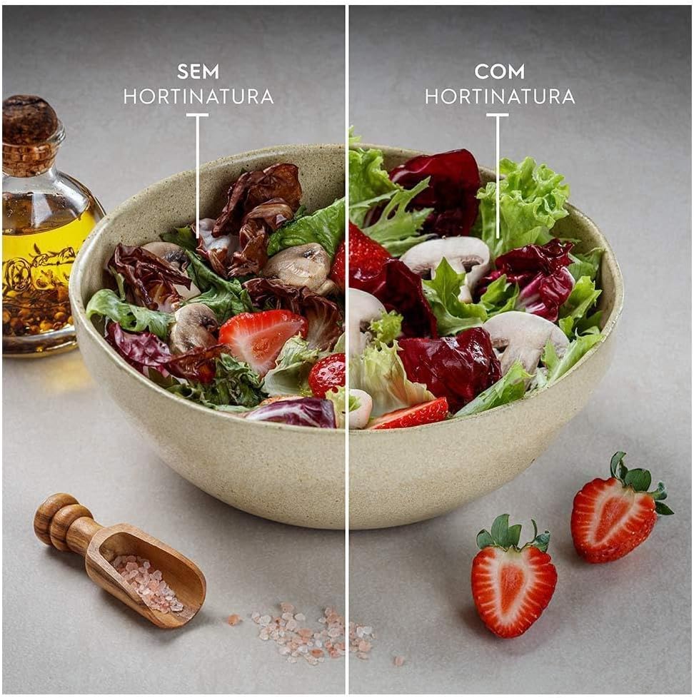 Comparação de salada sem e com hortinatura mostrando frescor e aparência vibrante
