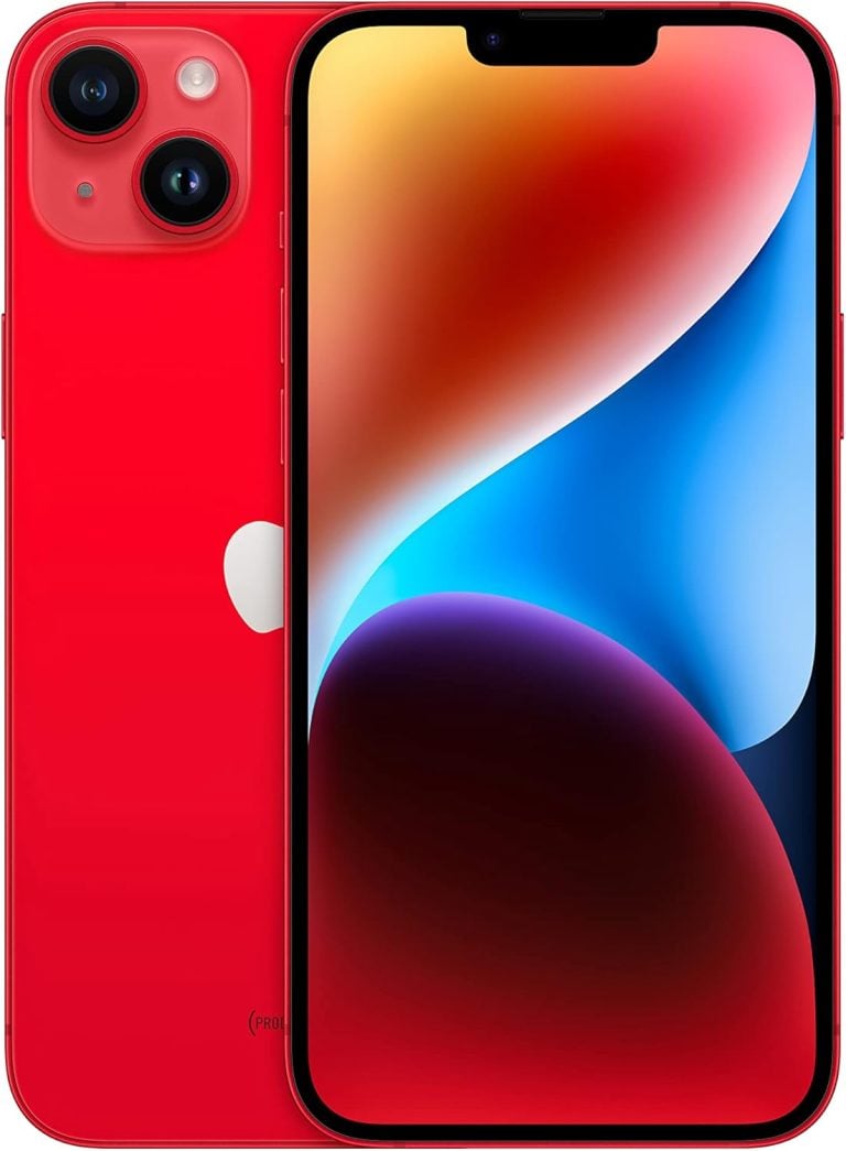 Apple iPhone 14 Plus 128GB (PRODUCT) RED vista frente e traseira com tela colorida e câmera dupla.