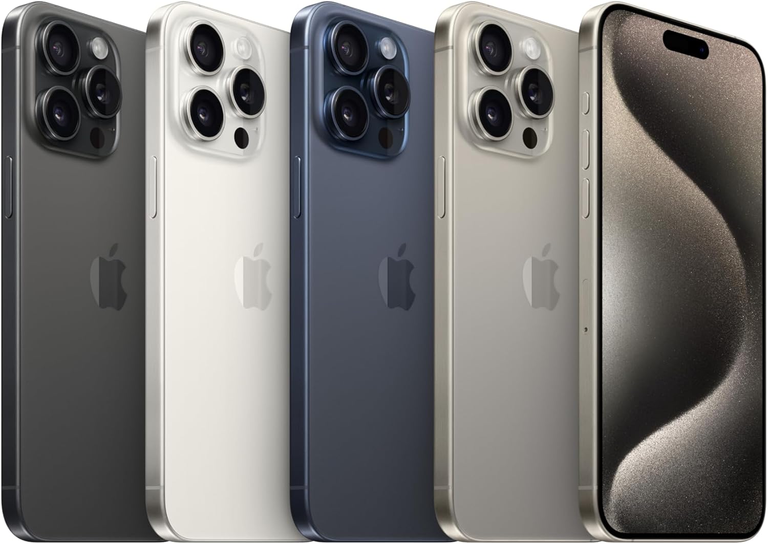 Variedade de cores dos iPhone 15 Pro Max exibidos lado a lado
