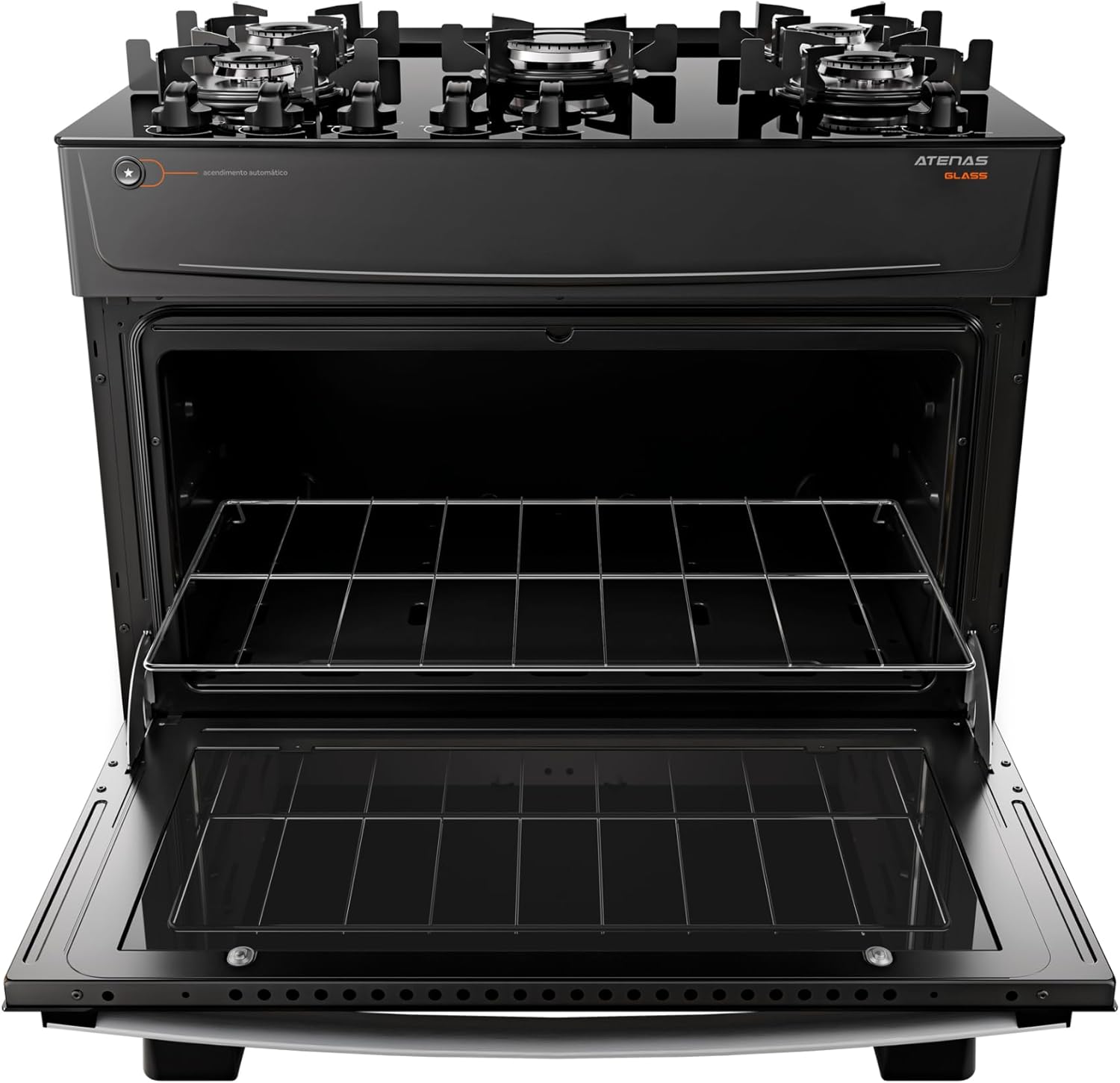 Fogão 5 bocas com forno aberto mostrando interior e grelha metálica, modelo Atlas preto