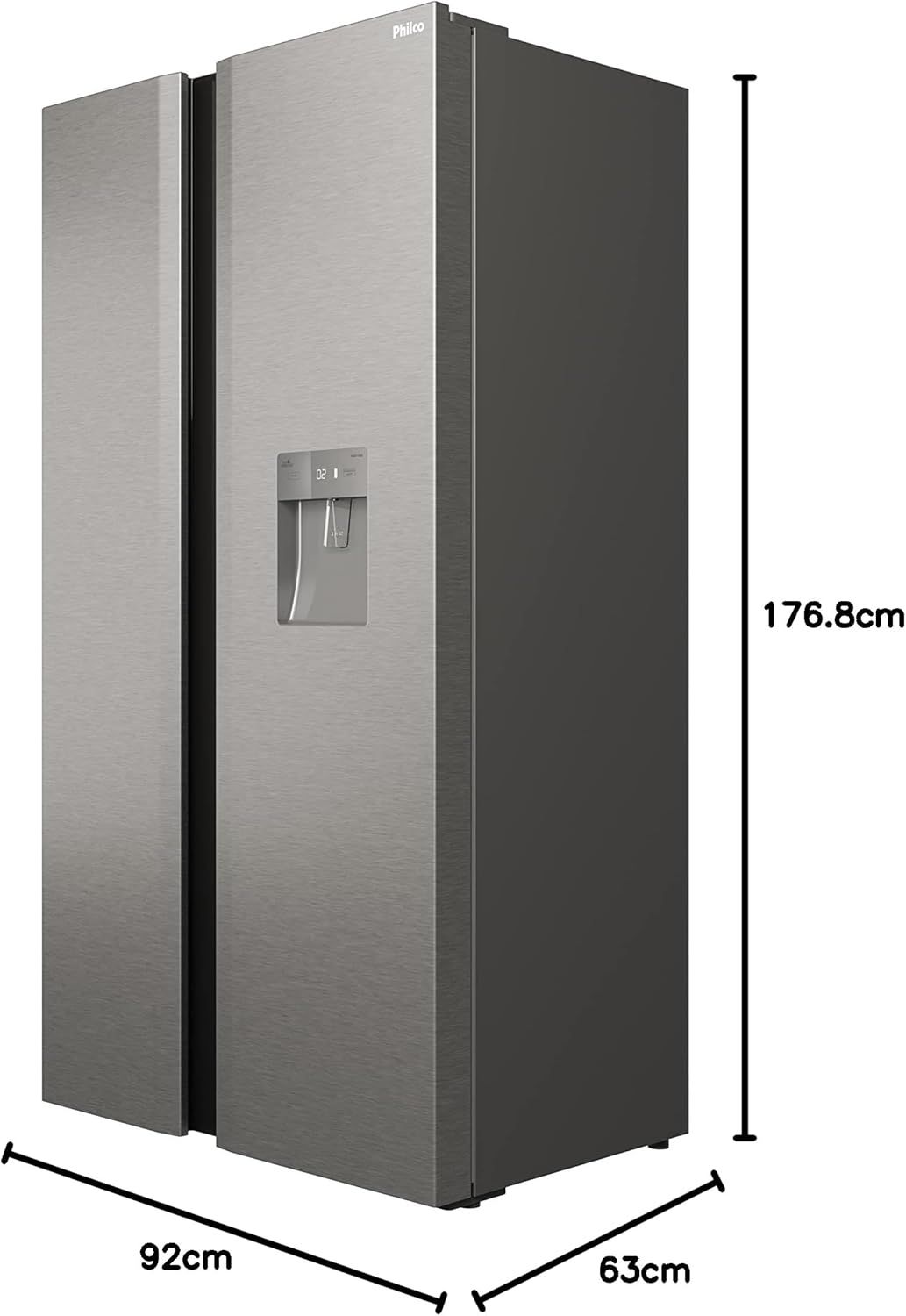 Geladeira Philco PRF504ID dimensões 176,8x92x63 cm cor cinza inox com dispenser de água