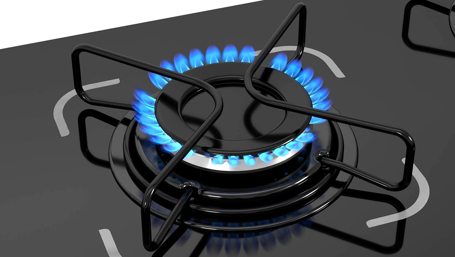 Detalhe chama acesa cooktop 4 bocas vidro temperado preto Itatiaia