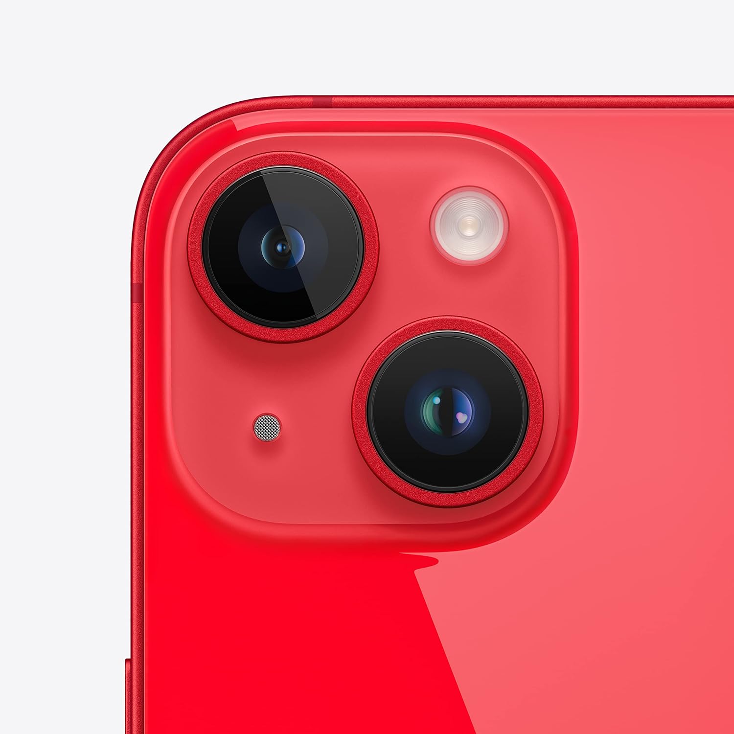 Detalhe das câmeras traseiras duplas do iPhone 14 na cor vermelha (PRODUCT) RED.