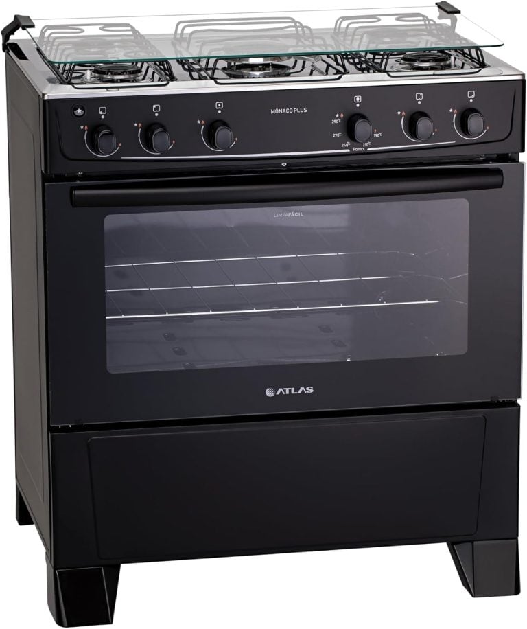 Fogão 5 bocas Atlas Mônaco Plus preto com acendimento automático e mesa inox ângulo direito