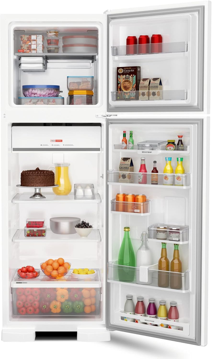 Geladeira Brastemp frost free duplex interna aberta com alimentos 400 litros branca