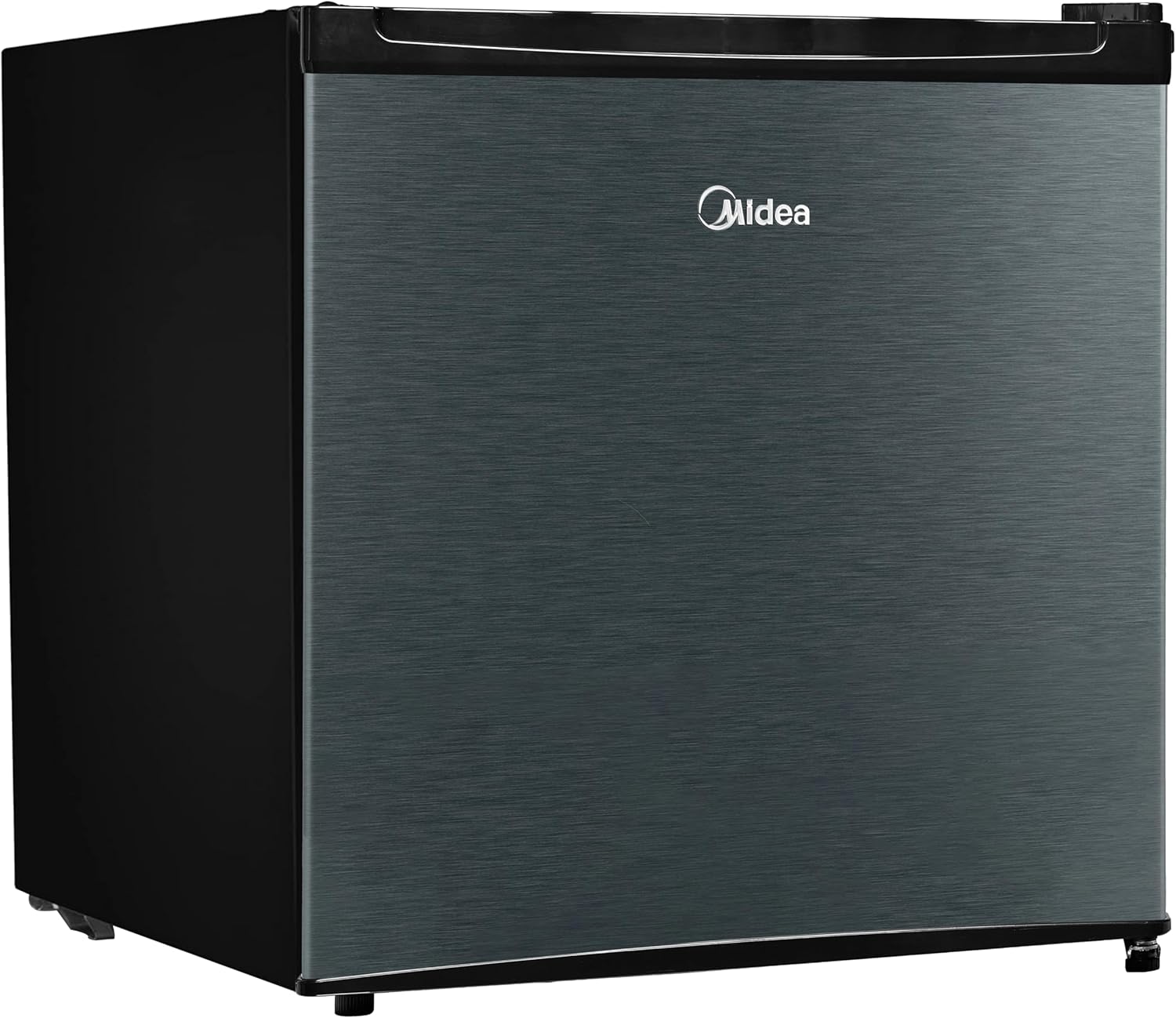 Frigobar Midea 45L inox escovado vista angular porta cinza escuro
