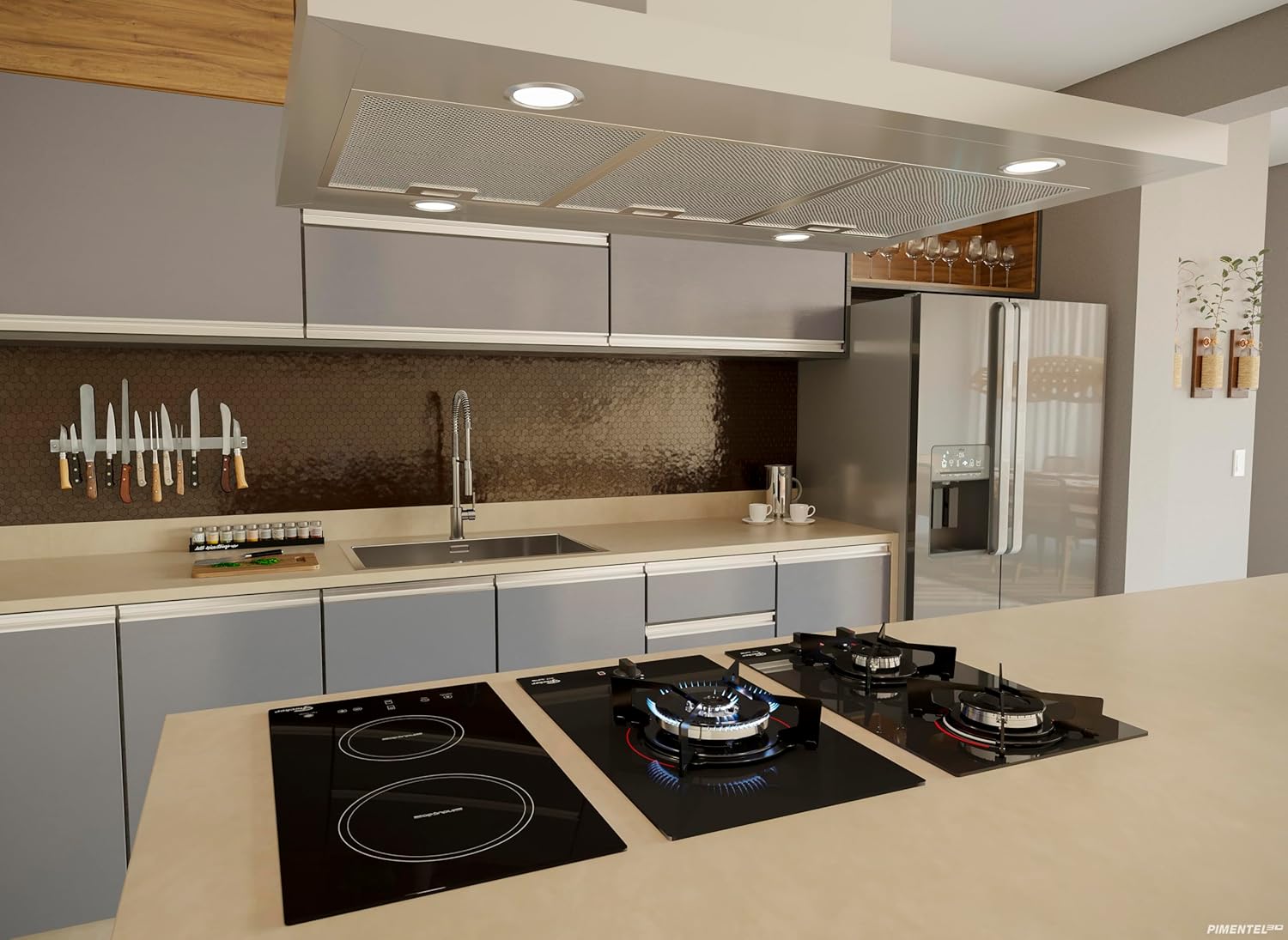 Cozinha moderna com cooktop Fischer à gás 2 bocas instalado em bancada bege