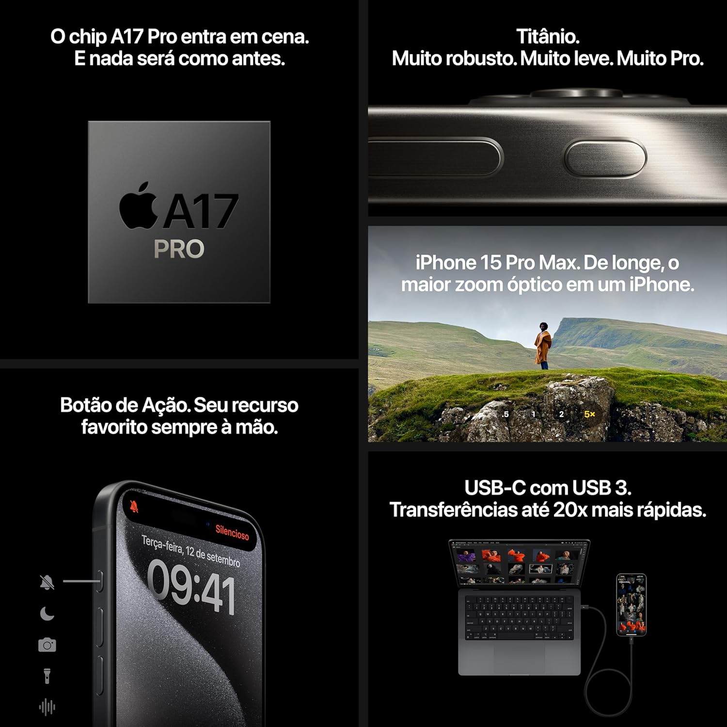 Características do iPhone 15 Pro com chip A17 Pro, botão de ação, corpo em titânio e conexão USB-C 3.