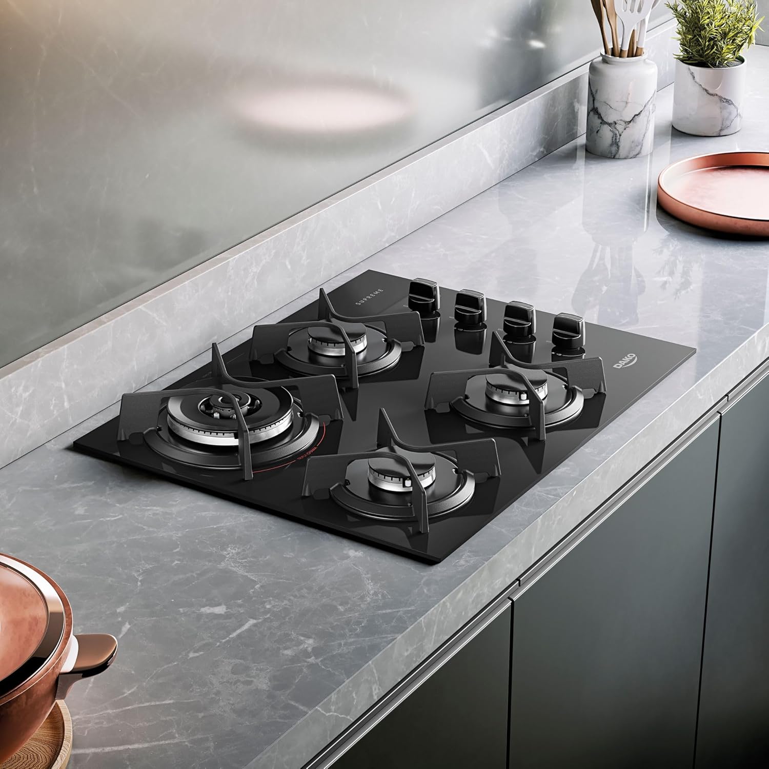 Cooktop 4 bocas gás Dako Supreme vidro temperado preto embutido bancada de pedra