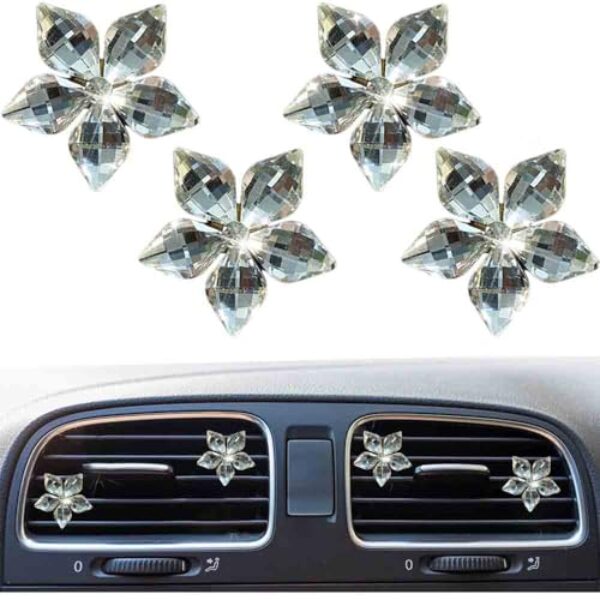 4 peças de cristal cintilante strass flor carro clipe de saída de ar difusor purificador de ar decoração fofa para mulheres meninas ajuste universal (branco)