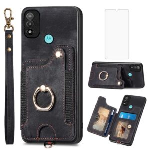 Asuwish Capa de telefone para Motorola Moto E20/E30/E40 capa carteira com protetor de tela de vidro temperado e alça de pulso RFID suporte de cartão de crédito anel acessórios XT2155 2021 mulheres