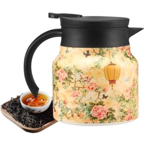 Bule de chá vintage com estampa floral, infusor embutido, garrafa térmica de aço inoxidável com alça confortável para bebidas quentes e escritório em casa (rosa)