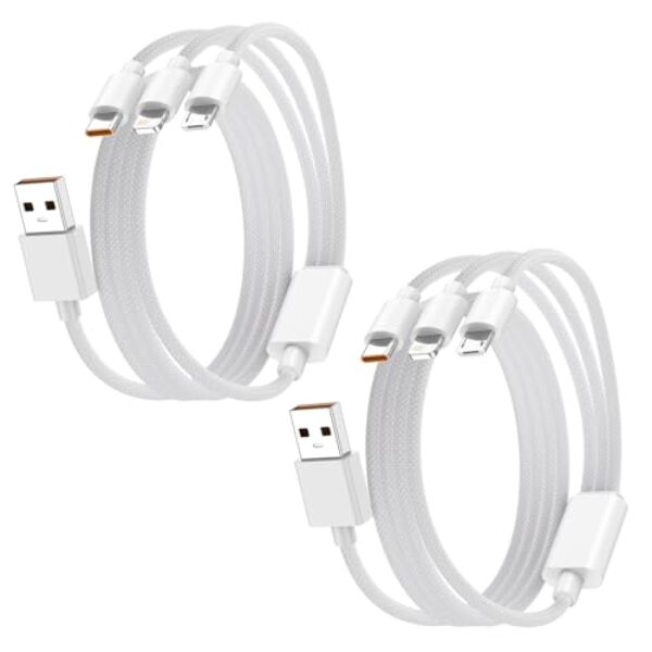 Cabo de carregamento múltiplo de 1,2 m, pacote com 2, cabo de carregamento 3 em 1, cabo de carregador de carro, nylon branco trançado para vários dispositivos (porta USBC/micro USB/IP) para iPhone 17