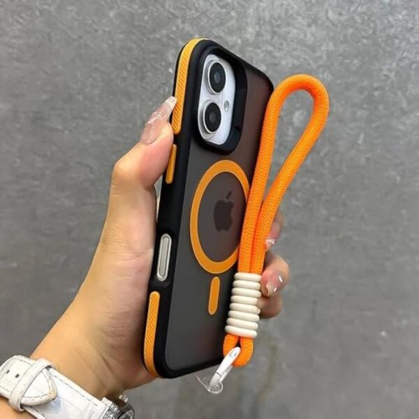 Capa fosca de luxo com cordão para iPhone 16, 15, 14, 13, 12, 11 Pro Max Plus, capa com alça de pulso magnética e carregamento sem fio, laranja, para iPhone 16 Pro