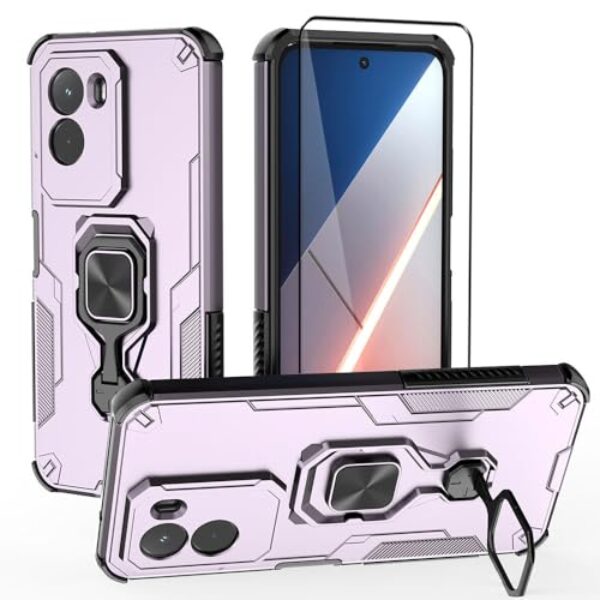 CNPUTAO Capa compatível com Xiaomi Poco M7 4G com protetor de tela de vidro temperado, capa de telefone híbrida de camada dupla antiarranhões, roxa