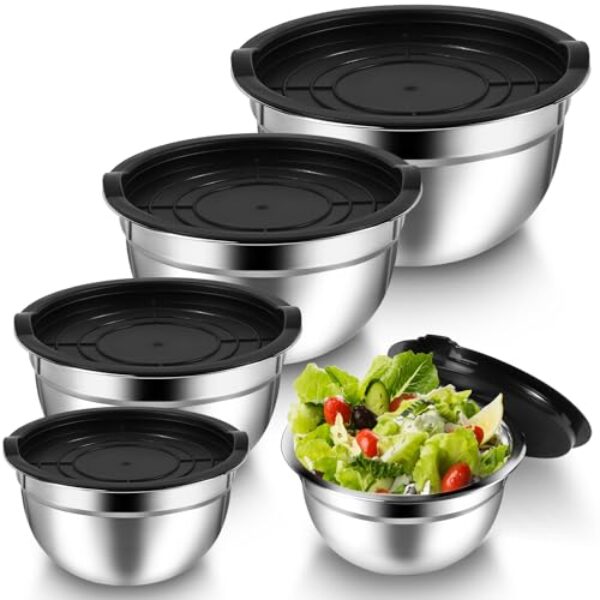 COCPOK Pacote com 5 tigelas de mistura com tampas, tigelas de salada de aço inoxidável, tigela de assentamento de metal, tigela empilhável para servir salada para cozinha, preparar, cozinhar, preparar