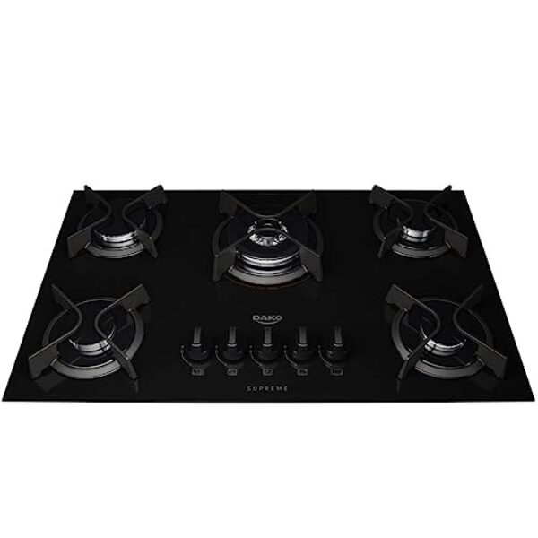 Cooktop 5 Bocas a Gás Dako Supreme com Queimador Tripla Chama e Mesa de Vidro Temperado Preto Bivolt