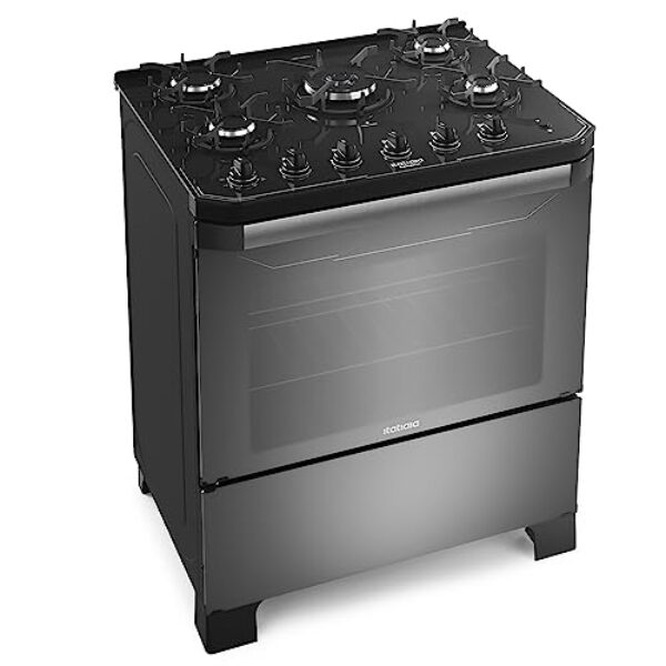 Fogão 5 Bocas a Gás Itatiaia Itamaster com Mesa de Vidro e Queimador Tripla Chama Prata/Preto Bivolt