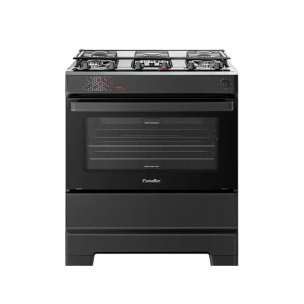 Fogão Esmaltec 5 Bocas Ideal Master Mesa Inox Tampa de Vidro Forno 84 Litros Preto T5ITP Bivolt
