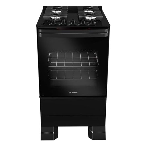 Fogão Mueller 4 bocas Preto com Mesa de Vidro e grades de ferro fundido Bivolt MFV4BF