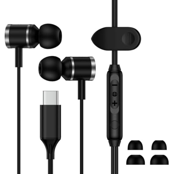 Fone de ouvido com fio Pixel 10 Pro Fold USB C para Google Pixel 10 Pro XL/10/9 Pro XL/9A/8/7/6, fones de ouvido preto USB tipo C com microfone, fone de ouvido USBC para iPhone 17 Pro Max 17 Air 16